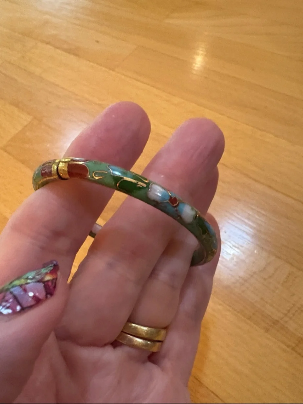 Child's Hinged Green Floral Cloisonné Bracelet